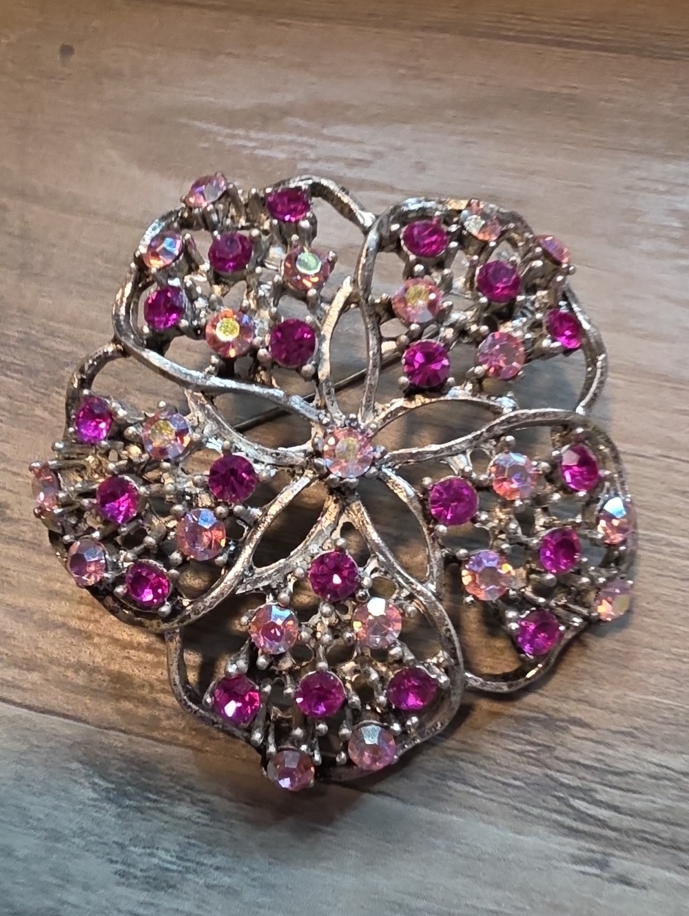 Vintage-Style Pink Crystal Flower Brooch